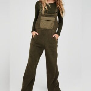 Aerie offline XL bib sherpa fleece overalls adjustable straps olive green women